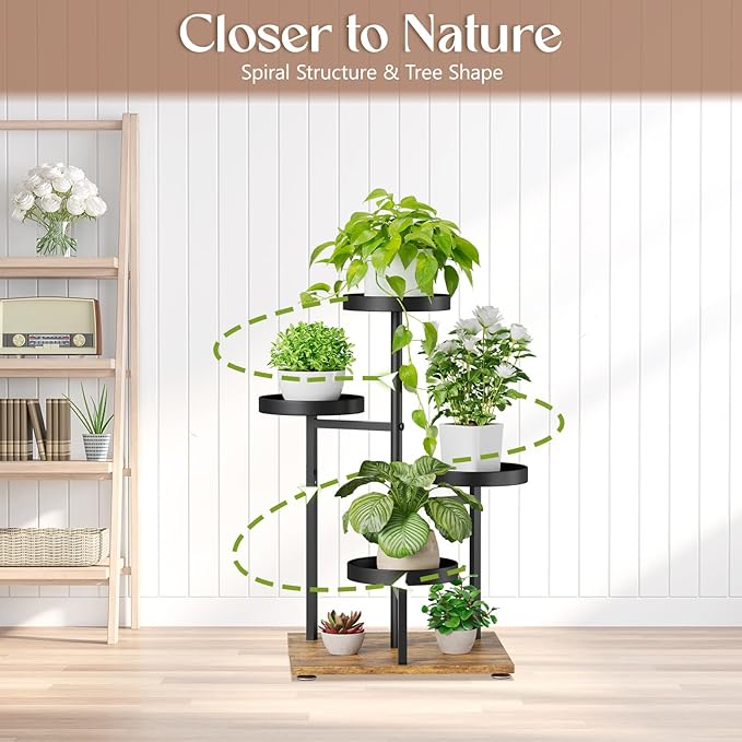 iDavosic.ly 4 Tier Plant Stand Indoor, Tiered Corner Flower Holder Shelf Outdoor, Metal Tall Orchid Display Rack for Patio Porch Garden Balcony Office Living Room, Modern Black & Rustic Brown