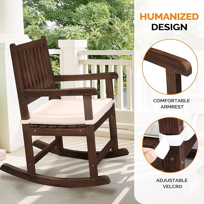 VINGLI Outdoor Rocking Chair, Weatherproof Rocker with Cushion, Wooden Rocking Bench Support 450 LBS for Patio, Yard, Garden, Outdoor or Indoors, Rustic