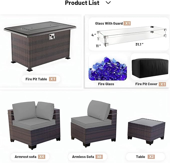 Kullavik 15 Pieces Outdoor Patio Furniture Set with 43" 55000BTU Gas Propane Fire Pit Table PE Wicker Rattan Sectional Sofa Patio Conversation Sets,Grey