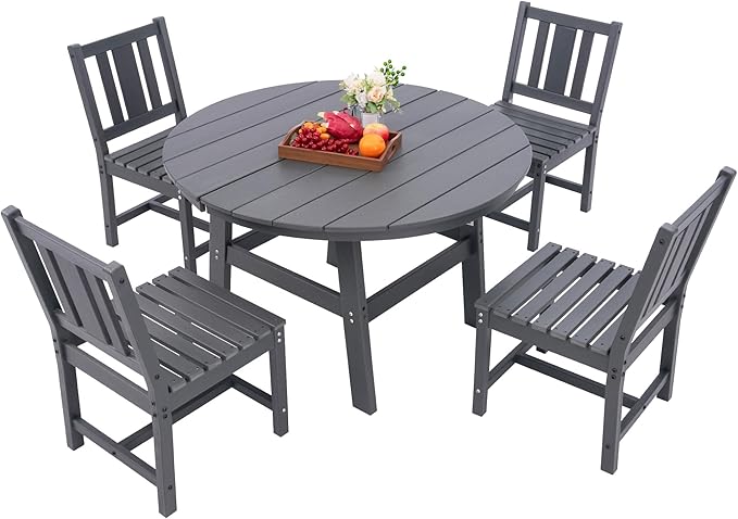 AMERLIFE 5 Piece HDPE Outdoor Dining Table & Chairs Set, All-Weather Patio Table and Chairs Set Furniture with Umbrella Hole for Garden, Backyard, Poolside, Seaside, Gray