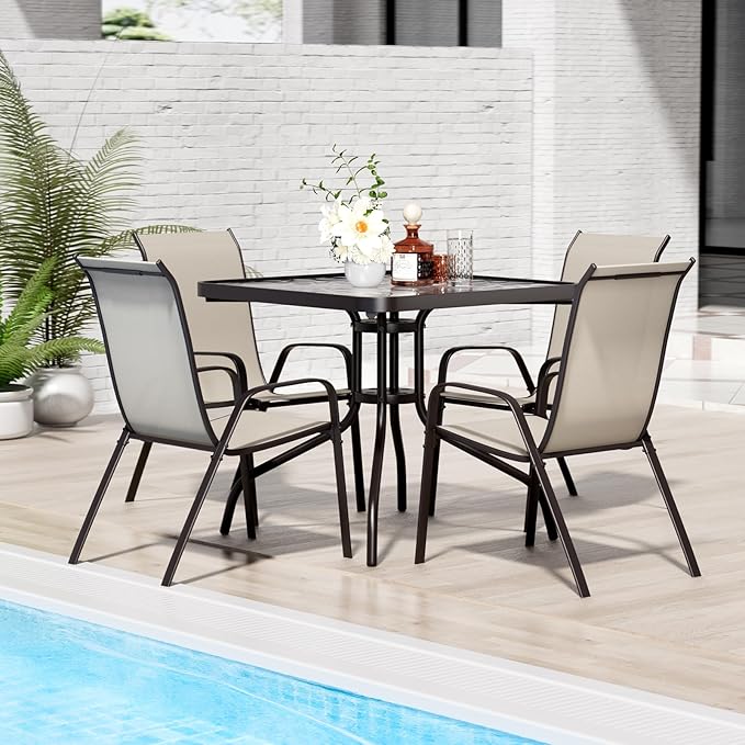 TLSUNNY Patio Dining Set 5 Pieces, All Weather Outdoor Furniture W/30"X 30" Table and 4 Stackable Textilene Chairs, Metal Table and Chairs for Patio, Lawn, Garden, Poolside, Backyard (Beige)