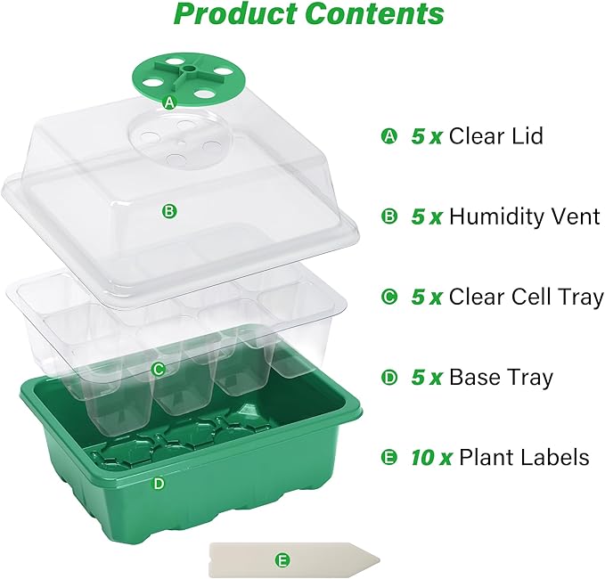 Bonviee 5-Pack Seed Starter Trays, Seed Starter Kit with Adjustable Humidity Dome and Base Indoor Greenhouse Mini Propagator for Seeds Growing Starting (12 Cells Per Tray, Green)