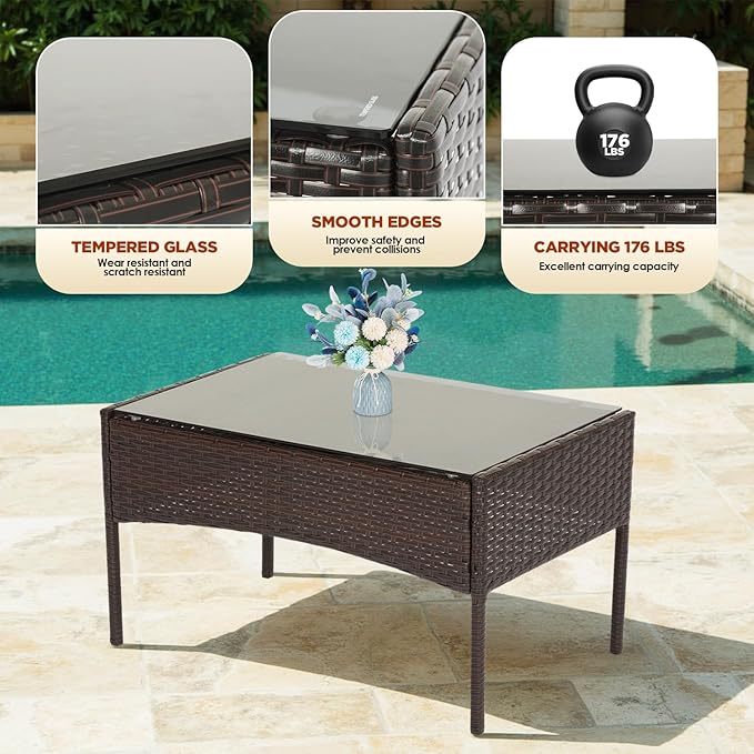 FDW | 4-Piece Patio Furniture Set | Brown & Red | Outdoor Wicker Furniture with Coffee Table | Modern Rattan Chairs Conversation Set | Outdoor Seating | Weather-Resistant | for Porch, Garden, Lawn