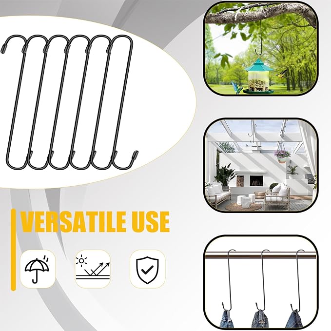 6 Pack 10 Inch Large S Hooks for Hanging Plants,Black Extra Matel Heavy Duty Hook for Hang Brsket,Bird House,Clothes,Kitchenware