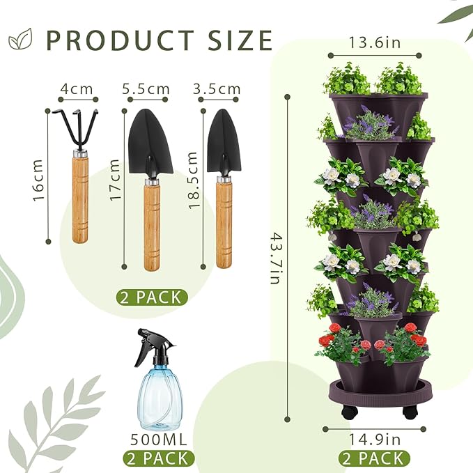 Umigy 2 Set Espresso Brown 7 Tier Vertical Planter Stackable Tower Planters Strawberry Herb Flower and Vegetable Pots Indoor Outdoor Gardening Pots with Removable Wheels and Tools