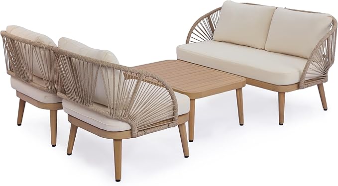 Merax 4-Piece Acacia Wood Patio Conversation Set - Curved Tub Loveseat & Chairs with Woven Rope Accents,Slatted Coffee Table & Weather-Resistant Cushions for Outdoor Deck,Garden or Balcony,Teak+ Beige