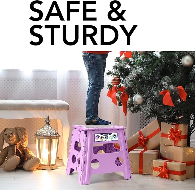 Delxo 13 inch Folding Step Stool, Non-Slip Foldable Stools Up to 300 LBS, Step Stool with Handle, Lightweight for Kitchen, Bathroom, Bedroom, Garden, Light Purple, 1PC