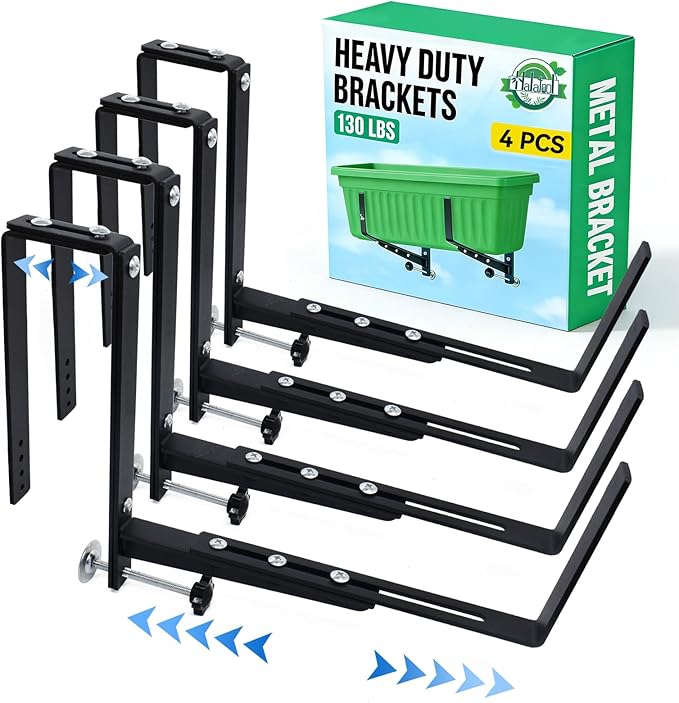 Halatool 4-Pack Heavy Duty Window Box Bracket, Adjustable Wall Mount Planter Holder for Outdoor Window Flower Boxes on Balcony, Porch, Fence, Patio and Garden