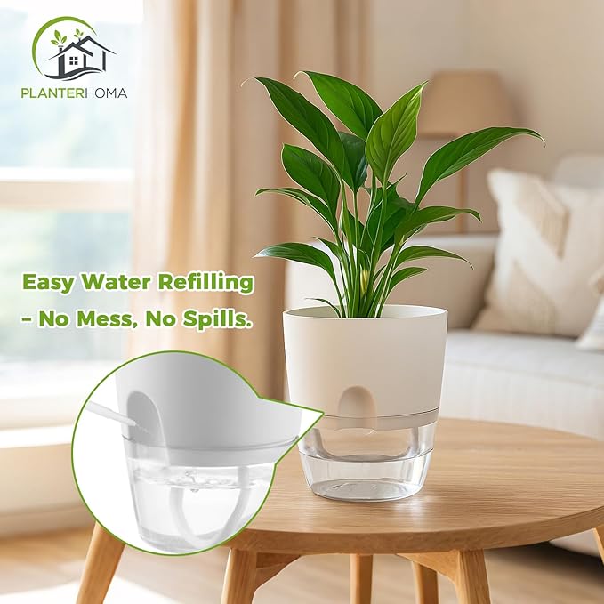 Planterhoma 5 Pack Self Watering Pots for Indoor Plants, 9 Inch Plant Pot Plastic Self Watering Planter for Orchid, Monstera, Lily, Large Clear Flower Pots with Drainage Holes and Wicking Rope, White