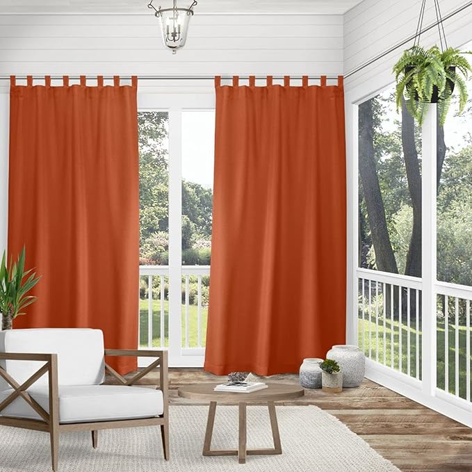 Exclusive Home Cabana Solid Indoor/Outdoor Light Filtering Hook-and-Loop Tab Top Curtain Panel Pair, 54"x84", Mecca Orange