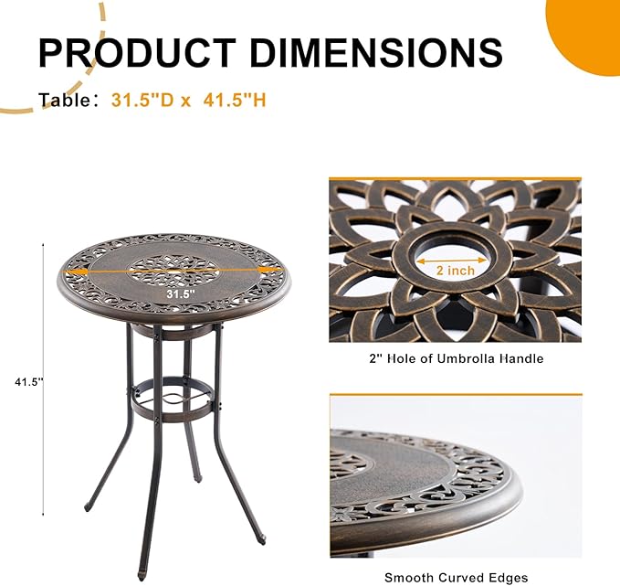 Outdoor Bar Height Table, 31.5" Round Cast Aluminum Patio Pub Table with Umbrella Hole, All-Weather Design for Deck/Garden/Poolside (Bronze)