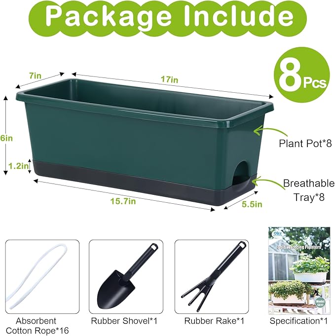 Window Box Planter 8 Pcs, 17 Inches Rectangle Flower Pots with Drainage Holes & Trays, Vegetable Planters for Windowsill Patio Garden Balcony Home Indoor Outdoor (Dark Green, 16 * 7 * 6 inch)