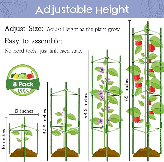 Legigo 8-Pack Up to 63inch Tomato Cages for Garden Plant Support- Garden Stakes Tomato Cage, Tomato Trellis for Potted Plants, Tomato Cages Plant Stakes for Climbing Vegetables Plants Flowers