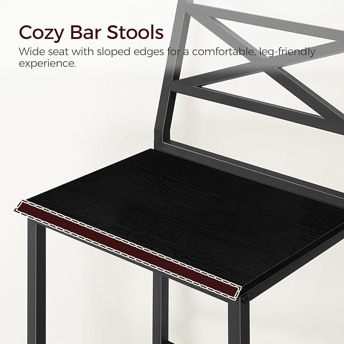 Bar Stools, Set of 2 Bar Chairs with Backrest and Footrest, 26" Tall Counter Bar Stools, Kitchen Breakfast Bar Chairs, Easy Assembly, for Dining Room, Black BAHB0901N1