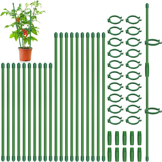 Plant Stakes, 20 Pcs Plant Sticks Stakes Support, Garden Stake Pole with Clips, Adjustable Plant Support with 20 Rings and 10 Connectors for Indoor and Outdoor Plants