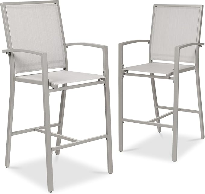 Best Choice Products Outdoor Bar Stools Set of 2, Bar Height, Patio Furniture, All Weather Mesh Design w/Armrest - Gray/Gray