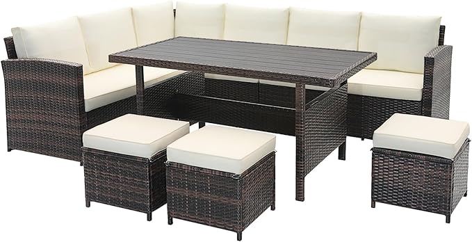 Tangkula 7 Pieces Wicker Patio Furniture Set, Rattan Sofa with Coffee Table, Ottomans & White Cushions, Sectional Conversation Sofa Set for Porch, Poolside, Balcony Yard Garden (White)