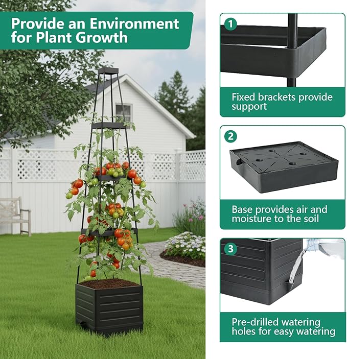 2 Pack Raised Garden Bed Planter Box with Trellis, 58”Tomato Planter with Trellis for Climbing Plants Vegetables Vine Flowers, Self-Watering Tomato Cage for Garden Patio Outdoor & Indoor