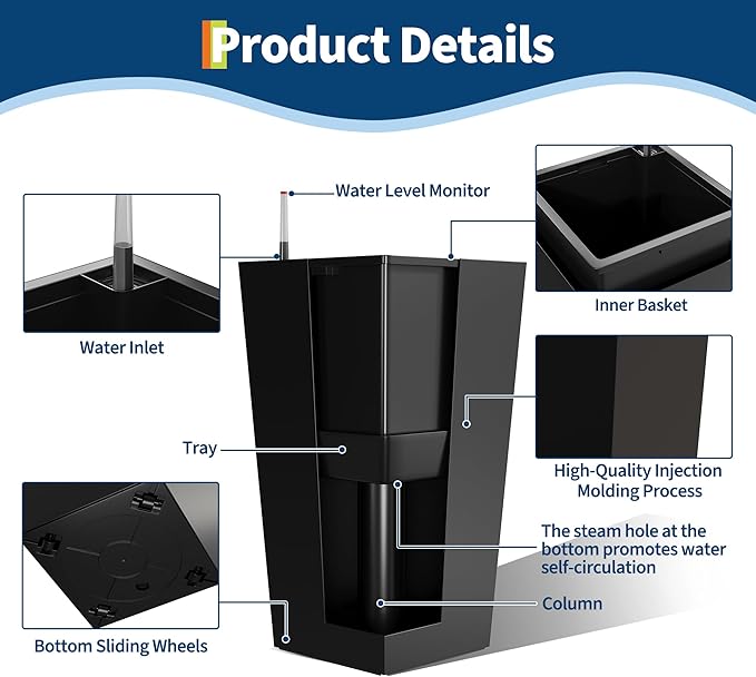 Garvee 30" Tall Planters Set of 2, Outdoor＆Indoor Black Planter Pots, High Front Porch Planter Pots with Drainage Holes＆Water Level Monitor＆Inner Bucket,Black