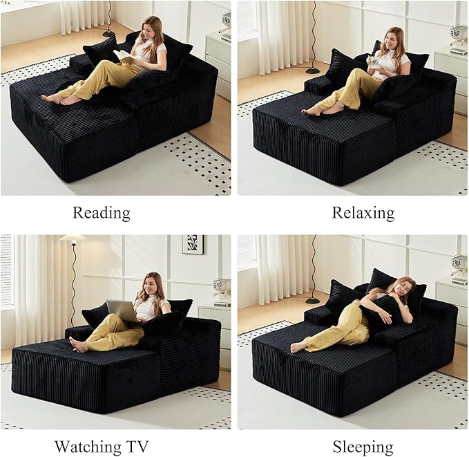 67 Inch Chaise Lounge Chair Indoor, Oversized Upholstered Boneless Sofa Bed, Corduroy Deep Seat Sleeper Couch Reading Chairs, Comfy Cloud Sofas Couches for Living Room, No Assembly Required (Black)