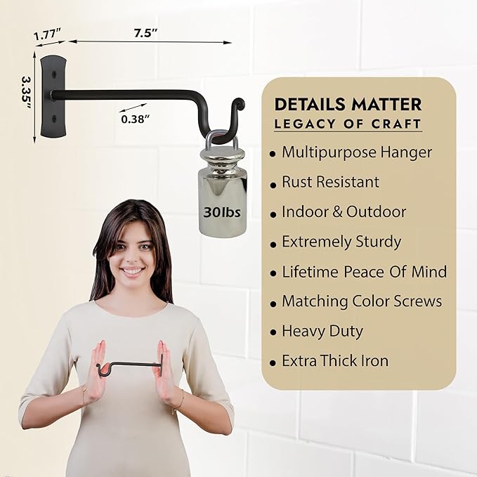RTZEN Plant Hangers Indoor or Outdoor - Wrought Iron Metal Hanger Indoor Hook - Heavy Duty Wall Bracket Hooks for Hanging Plants Baskets Lanterns Wind Chimes - 2 Pack (Black Shepherds Hooks 7.5")