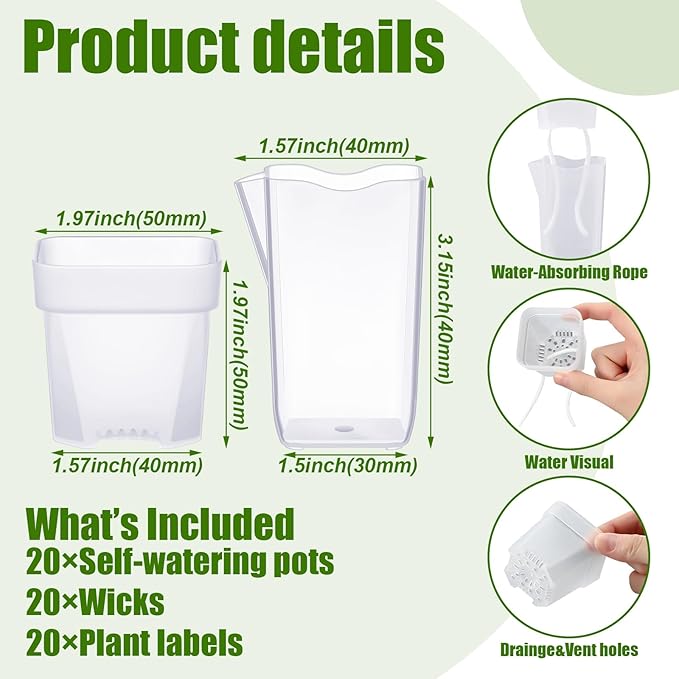 LemonRoad 20 Pack 2" Small Self Watering Pots for Indoor Plants with 20 Plant Label Mini Clear Plastic Planters with Water Level and Drainage Holes for Propagation, Succulents, and African Violet