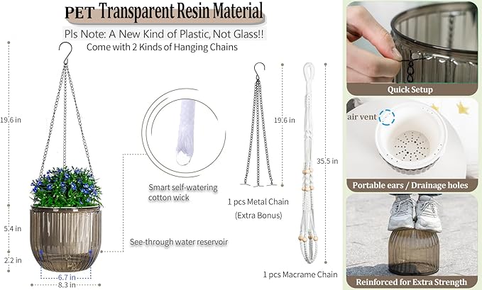 Melphoe Self Watering Hanging Planters for Indoor, 1 Pack 8.3 Inch Outdoor Hanging Plant Pot Basket, 2 Kinds of Plant Hangers Macrame 35.5’’ & Metal Chain 19.6’’ for Garden Home Decor