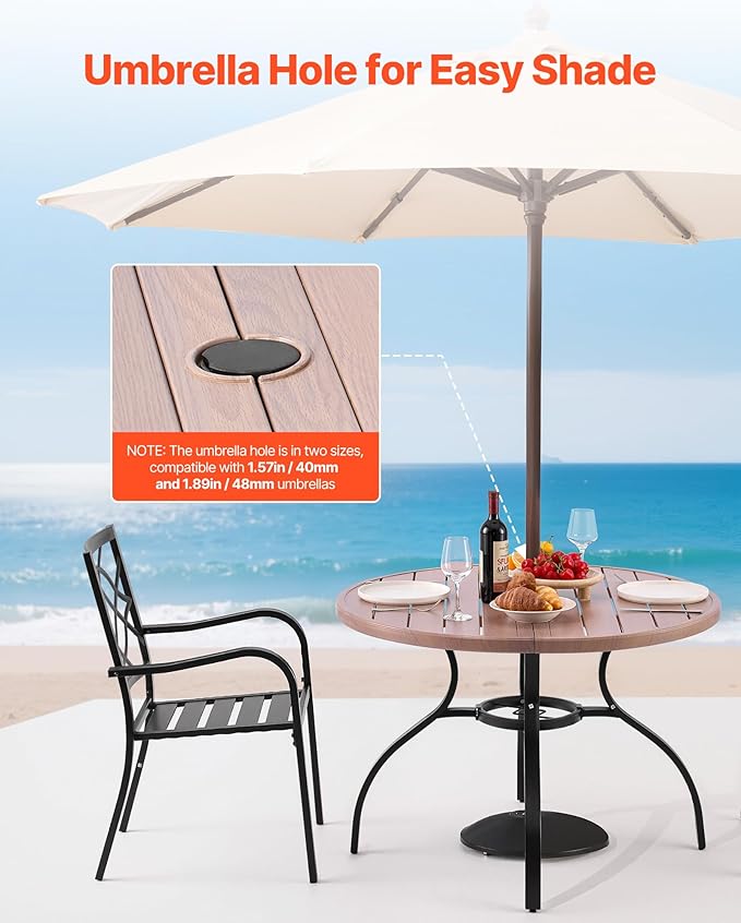 VEVOR Outdoor Patio Dining Table, 41 inch Round Wood-Like Steel Slat Backyard Bistro Coffee Tables for 4, with 1.5 in Umbrella Hole, Outside All-Weather Large Furniture for Lawn Garden Porch
