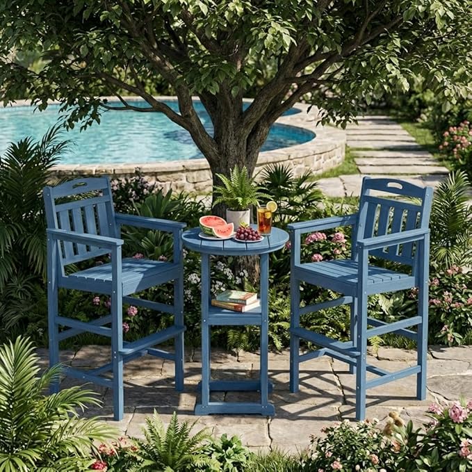 Ciokea Heavy Duty Bar Height Chair, 380lbs Outdoor Adirondack Tall Bar Chair Patio Stool with Arms & High Back, Heavy Duty All-Weather for Balcony, Poolside, Deck and Garden, Navy Blue