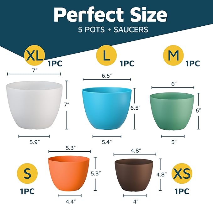 Multicolor Plant Pots with Drainage Holes & Saucers 5 Pack, Indoor & Outdoor Stackable Space-Saving Planters for Houseplants & Flowers, (7", 6.7", 6", 5.3", and 4.8" Inches), Durable & Weatherproof