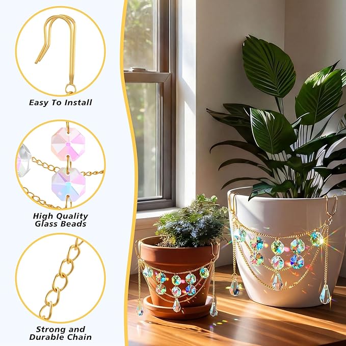 Sun Catcher Plant Hanger with Beads and Glass Crystal Beaded Plant Accessories for Indoor Home Rainbow Decor Pot Accessory(Flower Pot Not Included)(Teardrop)