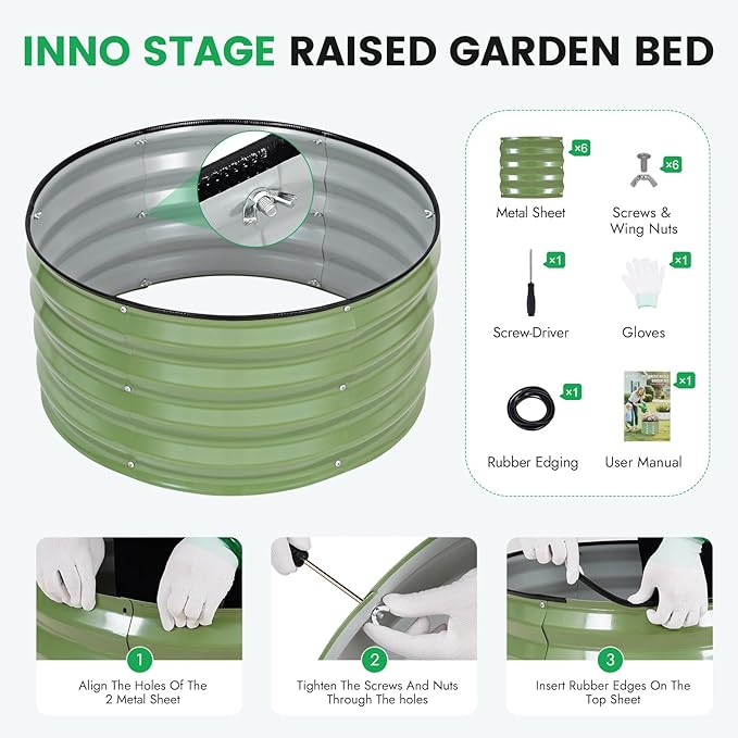 INNO STAG 3 Pcs Round Galvanized Raised Garden Bed — 2×2×1ft Planter Box Outdoor Raised Beds Kit for Gardening Vegetables, Fruits, Herbs, and Flowers, Olive Green