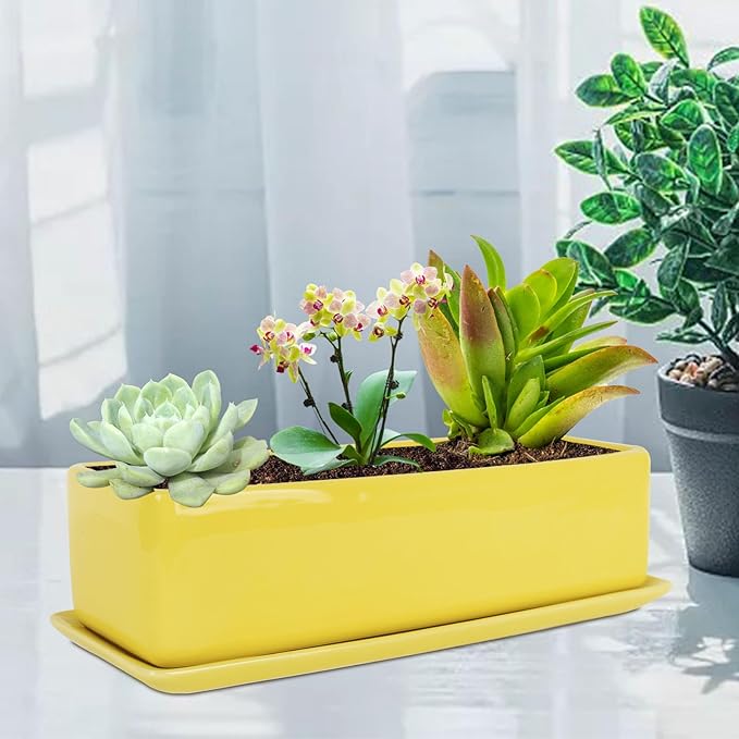 Vencer 14 Inch Rectangular Modern Minimalist Ceramic Succulent Planter Pot - Window Box with Saucer,Office Desktop Potted Stand,Yellow,VF-0173Y