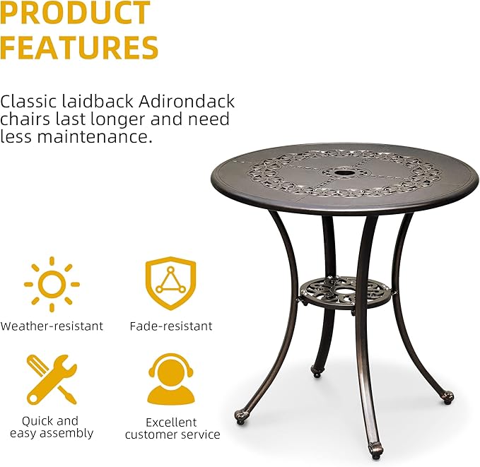DWVO 25 Inches Round Patio Dining Table with Umbrella Hole, Antique Cast Aluminum Outdoor Bistro Table Outdoor Side Table for Backyard, Garden, Patio, Porch, Hammered Bronze