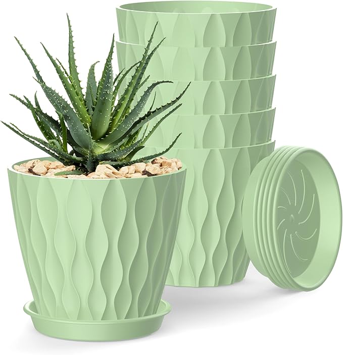 4 Inch Plant Pots, 6 Pack Indoor Flower Pots, Planters with Drainage Holes and Trays for Orchids, Violets, Succulents, Herbs, and Other Plants,Green