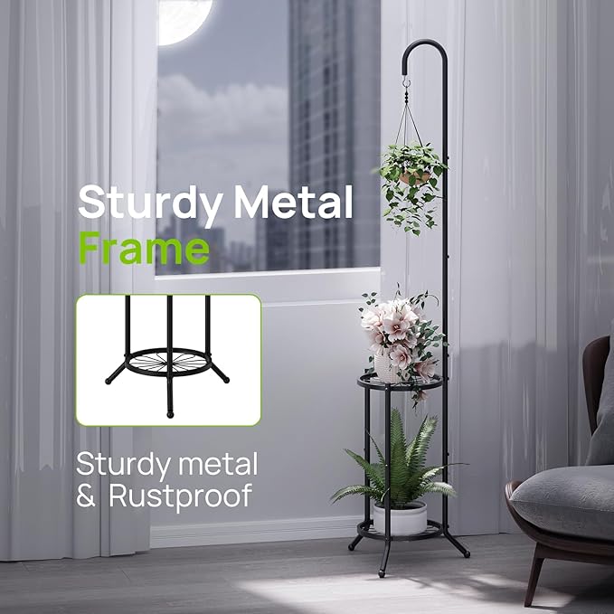 2-tier Hanging Plant Stand Plant Hanger Indoor Outdoor Corner Plant Stands for Indoor Plants, Space-Saving Iron Planter Shelves, Multiple Flower Pot Display Holder Shelf with Hanging Hook, Indoor Outdoor Heavy Duty Planter Shelving Unit (Hooked-style,B...