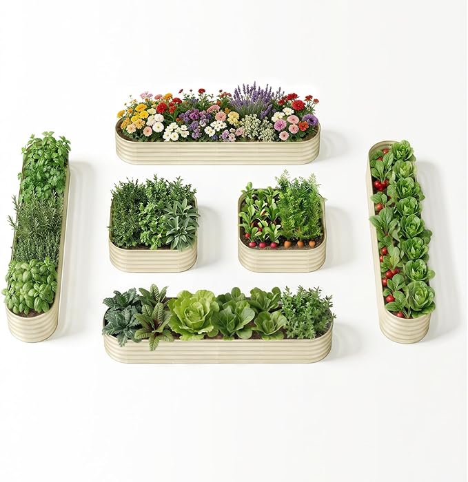 6-Pack 18” Tall Galvanized Raised Garden Beds – New Home Garden Layout, Fits 300 Sq Ft Backyard, 10x2x1.5 & 4x4x1.5 ft Metal Planter Raised Beds Set for Vegetable, Herb & Flower - Sand Beige