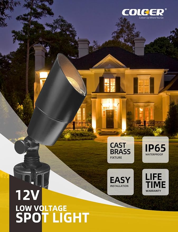 COLOER Brass Low Voltage Landscape Spotlight(Black) 6-Pack with 5W Aluminum Housing MR16 LED Bulb 2700K 450LM CRI85+,12V AC/DC Outdoor Uplighting, Directional Garden Patio Spot Up Light(101B-Black)