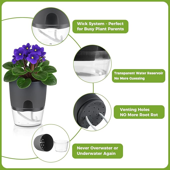 Planterhoma 6 Pack Self Watering Pots for Indoor Plants, 3.2/4/6 Inch Plant Pot Plastic Self Watering Planter for Orchid, African Violet, Small Clear Flower Pots with Drainage Holes and Wicking, Grey