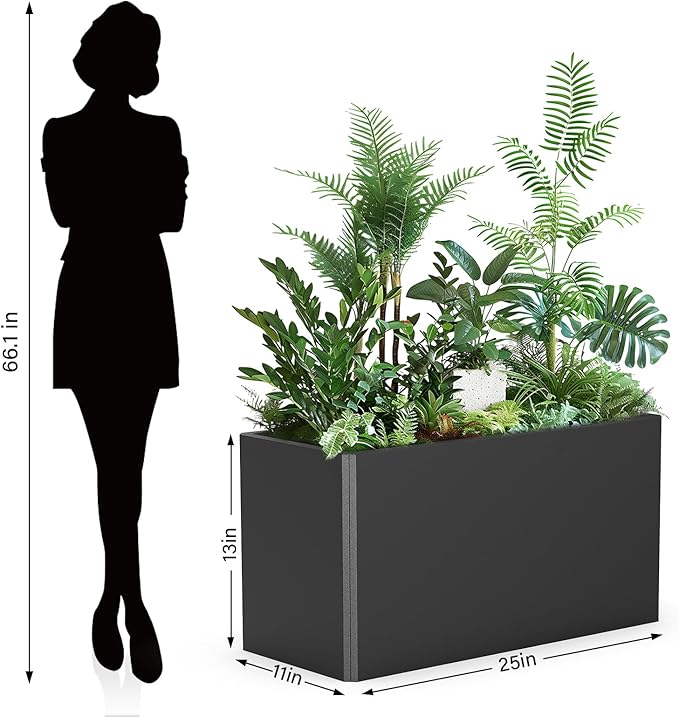 Metal Planter Box - Rectangular Trough, All-Weather Durable with 4 Drainage Holes, 25x11x13 Inches for Porch & Patio, Black