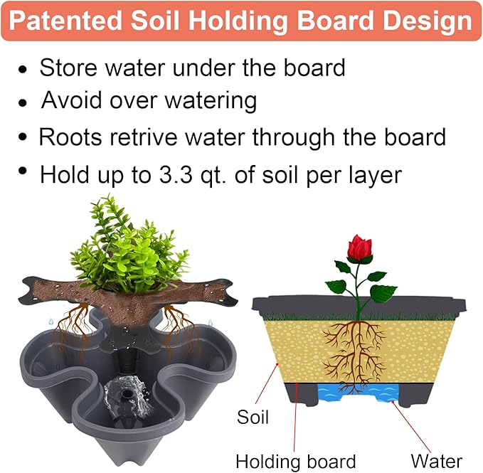 DUNCHATY Stackable Planter, Vertical Garden Planter with Wheels and Tools, Self Watering Strawberry Planter Indoor/Outdoor 4 Tier Herb Planter Pots for Growing Vegetables and Succulents, Dark Gray