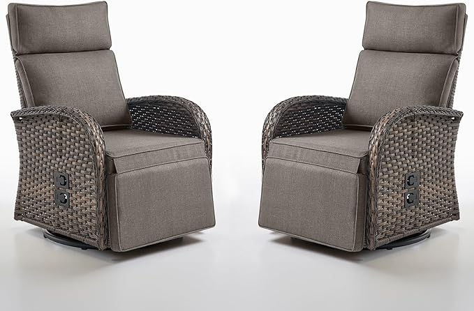 Swivel Outdoor Recliner Chair Set of 2 - Reclining Patio Chair with Adjustable Backrest and Footrest, All-Weather Wicker Chaise Lounge Chair Outdoor for Pool Deck (Upgraded 2.0)