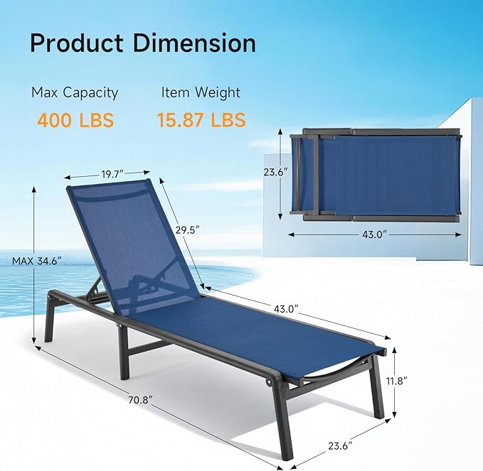 Aluminum Chaise Lounge Chair Outdoor, Foldable & Assembly Free Outdoor Lounge Chair with 5 Position Adjustable Backrest, Patio Pool Lounge Chairs for Outside Poolside Beach Lawn, 1PC, Navy Blue