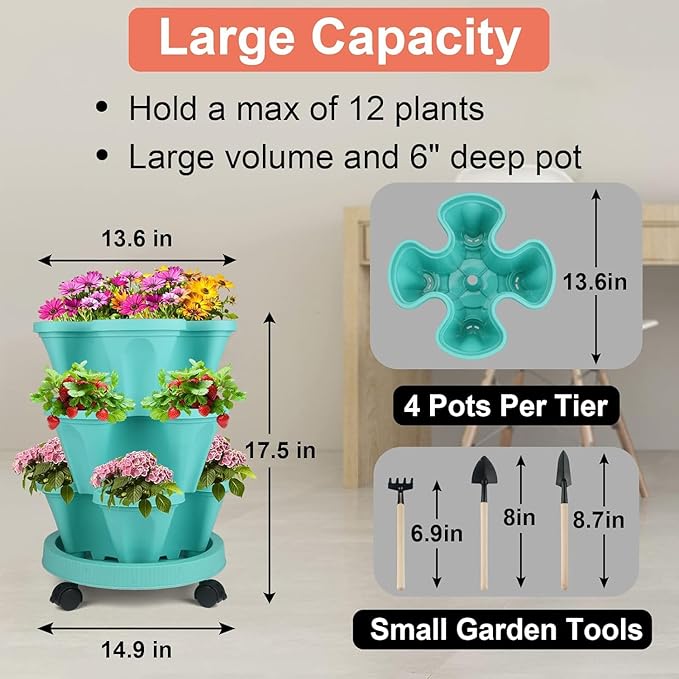 Vertical Planter 3 Tier Stackable Planters Garden Planters Strawberry Herb Flower and Vegetable Planter Indoor Outdoor Gardening Pots with Removable Wheels and Tools