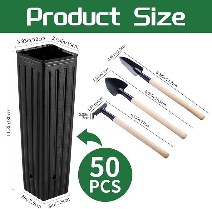 50 Pcs 12" Tall Tree Pots Plastic Deep Nursery Pots Tall Nursery Tree Pots Plant Deep Seedling Pots, Flower Plant Container Pots with 3 Pcs Garden Tools for Indoor Outdoor Use