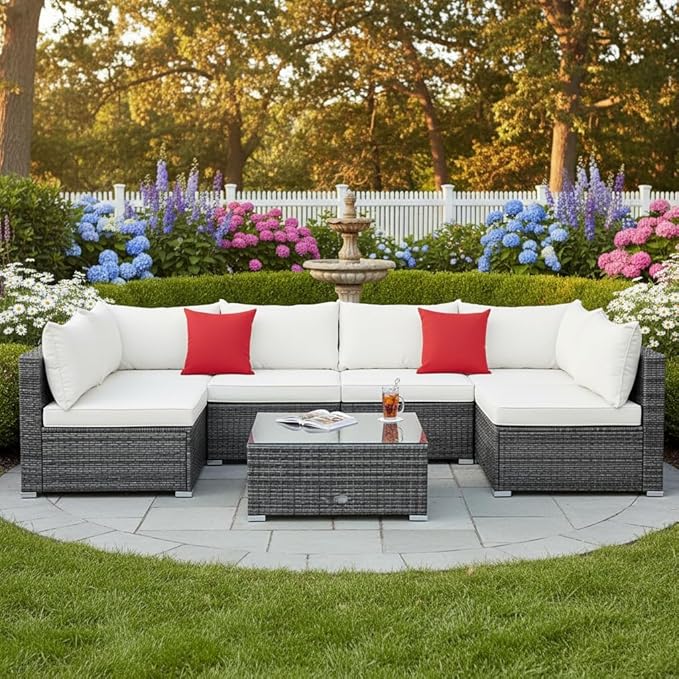 Tangkula 7 Pieces Wicker Patio Furniture Set, All-Weather Outdoor Rattan Sectional Sofa Set with Cushions & Tempered Glass Coffee Table, Outside Sofa Set for Garden, Lawn, Deck, Backyard (White)