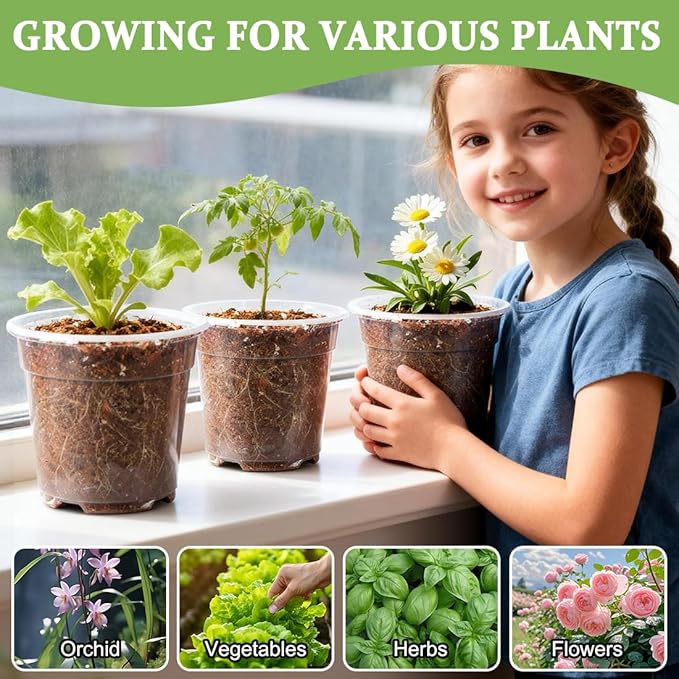 60 Pack 6 Inch Clear Nursery Pots for Plants, Flexible Plastic Plant Pots with Drainage Holes, Transparent Plant Starter Pots for Seedlings, Vegetable, Succulents, Flowers