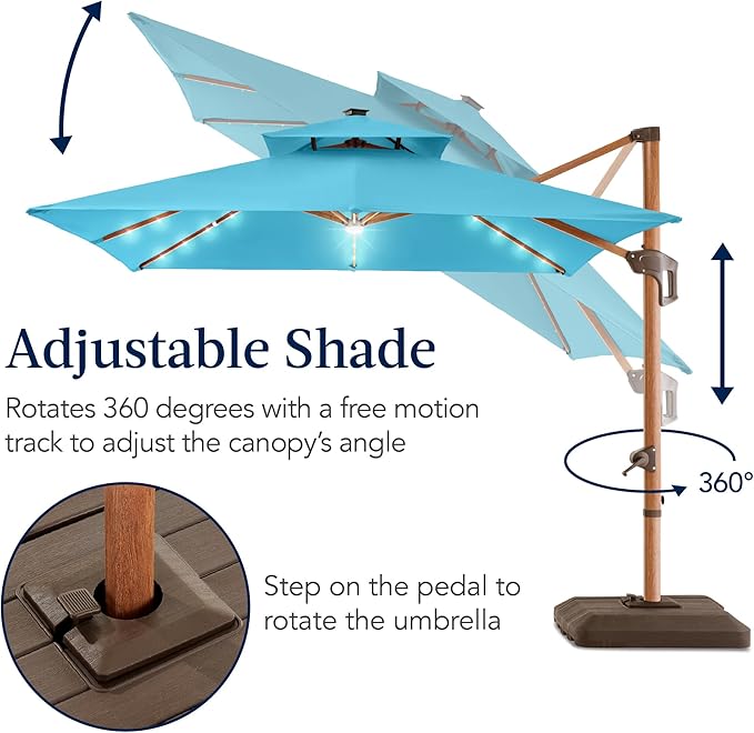 Best Choice Products 10ft Square Cantilever Patio Umbrella w/Base Included, Woodgrain Pattern Pole & Solar LED Lights, 360-Rotation, Offset Hanging Outdoor Shade - Sky Blue