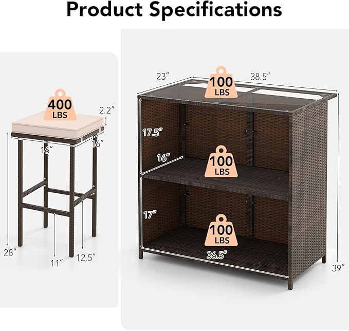 Tangkula 3 Piece Patio Bar Set, Outdoor Rattan Bar Table and 2 Stools with Tempered Glass Tabletop, 2-Tier Storage, Removable Cushions, Outside Wicker Conversation Set