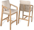 JONATHAN Y BSL1200A-SET2 Porto Modern Coastal Tub Roped Acacia Wood Outdoor Bar Stool with Cushions and Armrests Modern, Coastal, Contemporary, Rustic, Garden Room, Patio, Beige/Light Teak (Set of 2)
